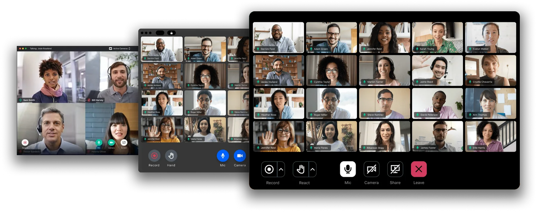 Three versions of the same in-session meeting UI, showing its evolution in branding and accessibility over time